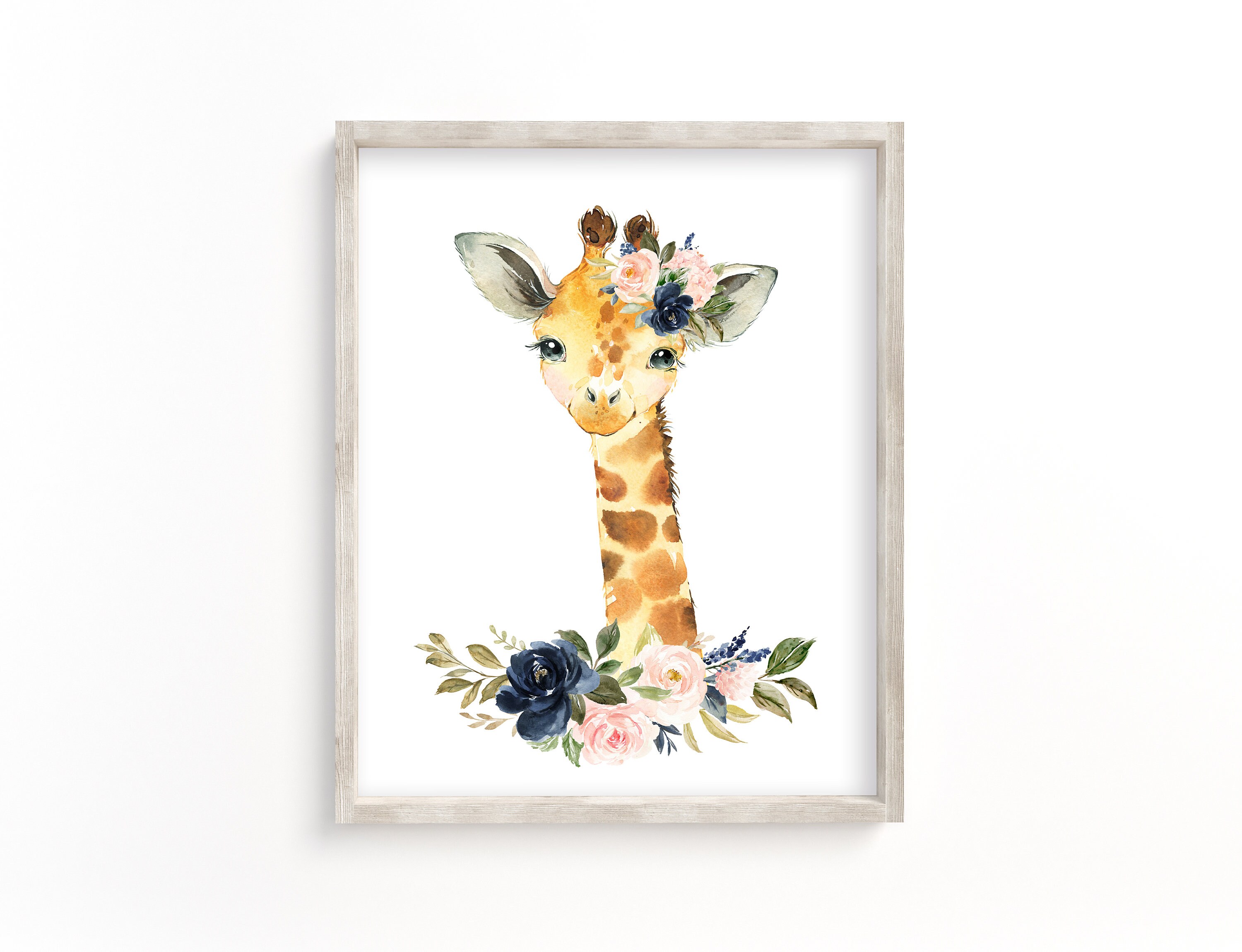 4 Blush Pink Navy Floral Safari Animal Prints, Nursery Wall Decor ...