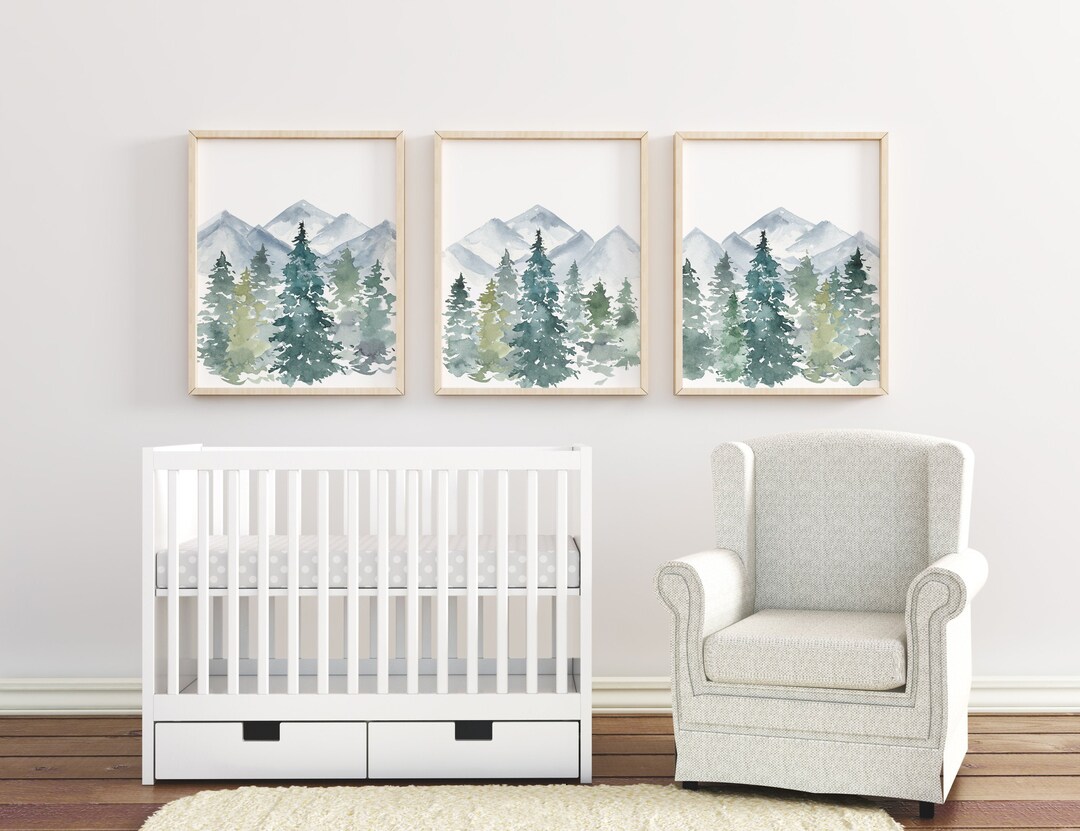 Set of 3 Woodland Nursery Prints, Mountains, Evergreen Trees, Boy Wall ...