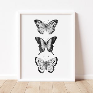 May include: A black and white printable art print featuring three different butterfly illustrations. The butterflies are arranged vertically in a row, with the largest butterfly at the top and the smallest butterfly at the bottom.