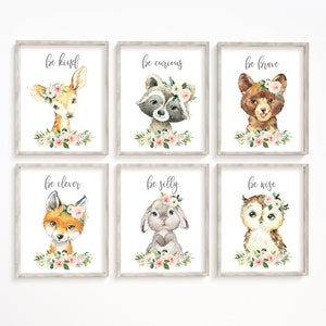 Baby Girl Pink Peach Floral Nursery Prints, Woodland Animal Wall Art ...