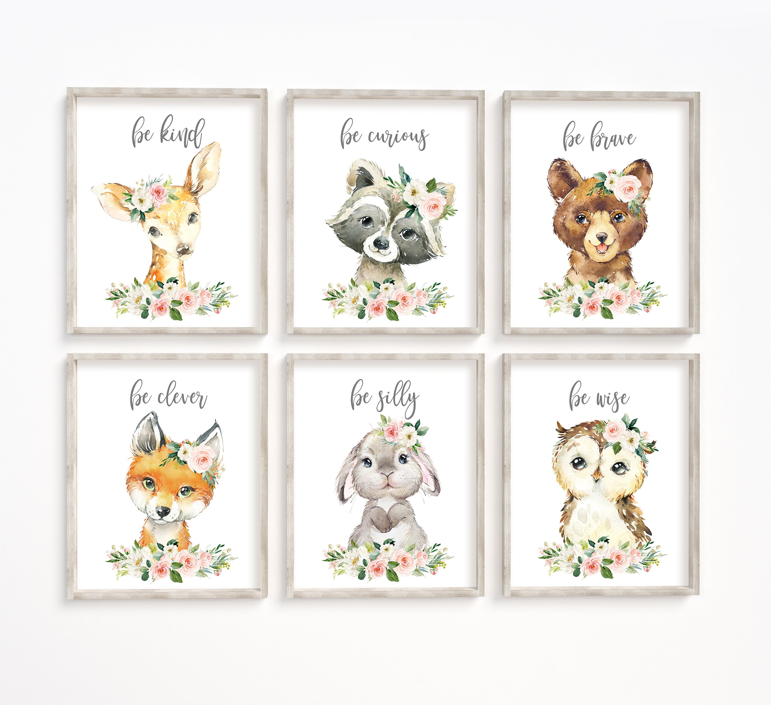 Baby Girl Pink Peach Floral Nursery Prints, Woodland Animal Wall Art ...
