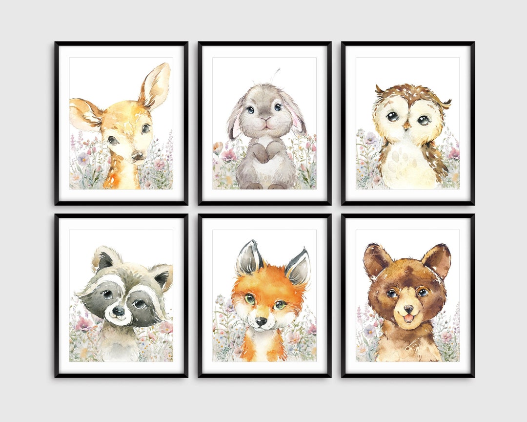 6 Woodland Animal Nursery Prints, Wildflowers, Girl Nursery Forest Animals, Deer Owl Raccoon Fox
