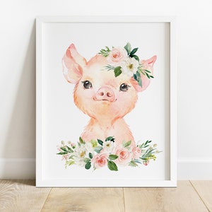 May include: A watercolor painting of a pink pig with a floral crown. The pig is surrounded by pink and white flowers and green leaves.