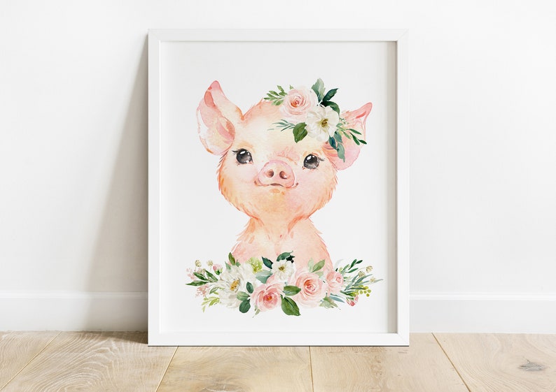 May include: A watercolor painting of a pink pig with a floral crown. The pig is surrounded by pink and white flowers and green leaves.