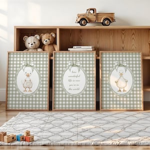 Goose Nursery Prints, Farm Animals, Goose Wall Decor, Gingham, Frame with Bow, Farmhouse Art, Nursery Decor, Duck Wall Art, Instant Download