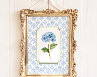Blue Hydrangea Print, Chinoiserie Wall Art, Hydrangea Print, Grand Millennial Art, Hydrangea Painting, Botanical Art, Blue Damask Livingroom