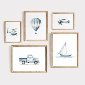 Travel Boy Nursery Wall Art, Vintage Transportation Nursery Decor, Blue Hot Air Balloon Plane Train Prints, Set of 5, Digital Download,