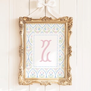 Rosa Anfangsbuchstabe Z, Grandmillennial Stil, Monogramm Druck, Vintage Wandkunst, Mädchen-Kinderzimmer-Druck, Blumen Mädchen-Kinderzimmer-Dekor,