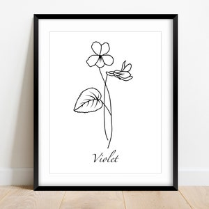 Black and White Birth Flower Prints, Line Art Drawing, February Violet, Living Room Decor, Minimal Decor, Home Decor, Modern Art, Printables