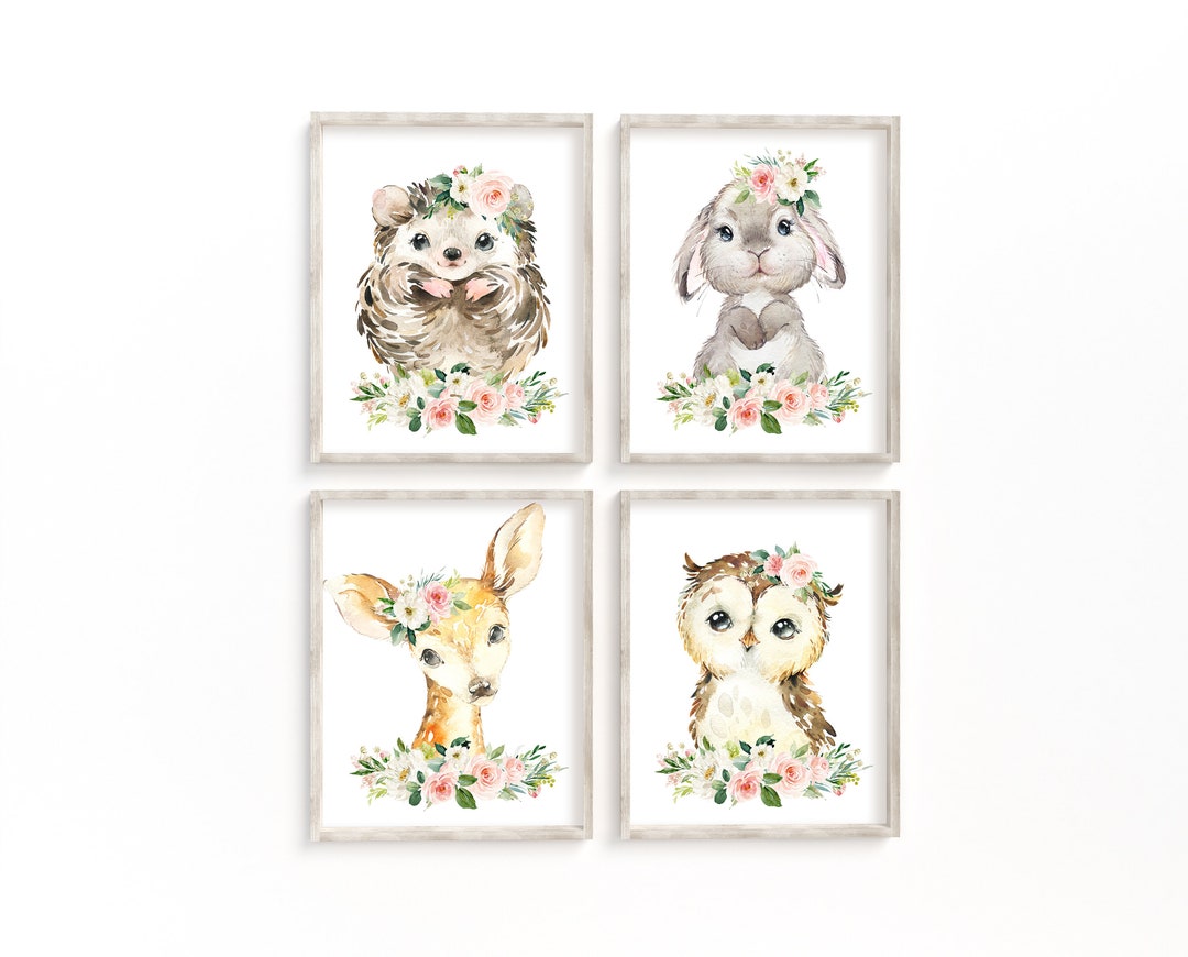 Baby Girl Nursery Wall Art, Floral Woodland Animal Prints, Girls Room ...