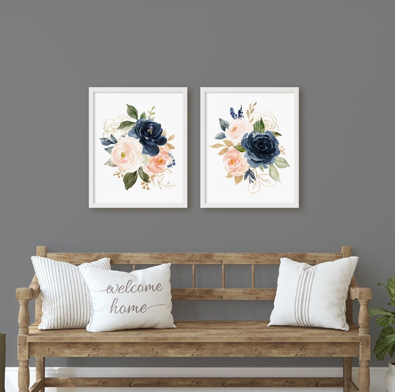 Set of 2 Pink Navy Floral Prints Floral Nursery Wall Art Etsy