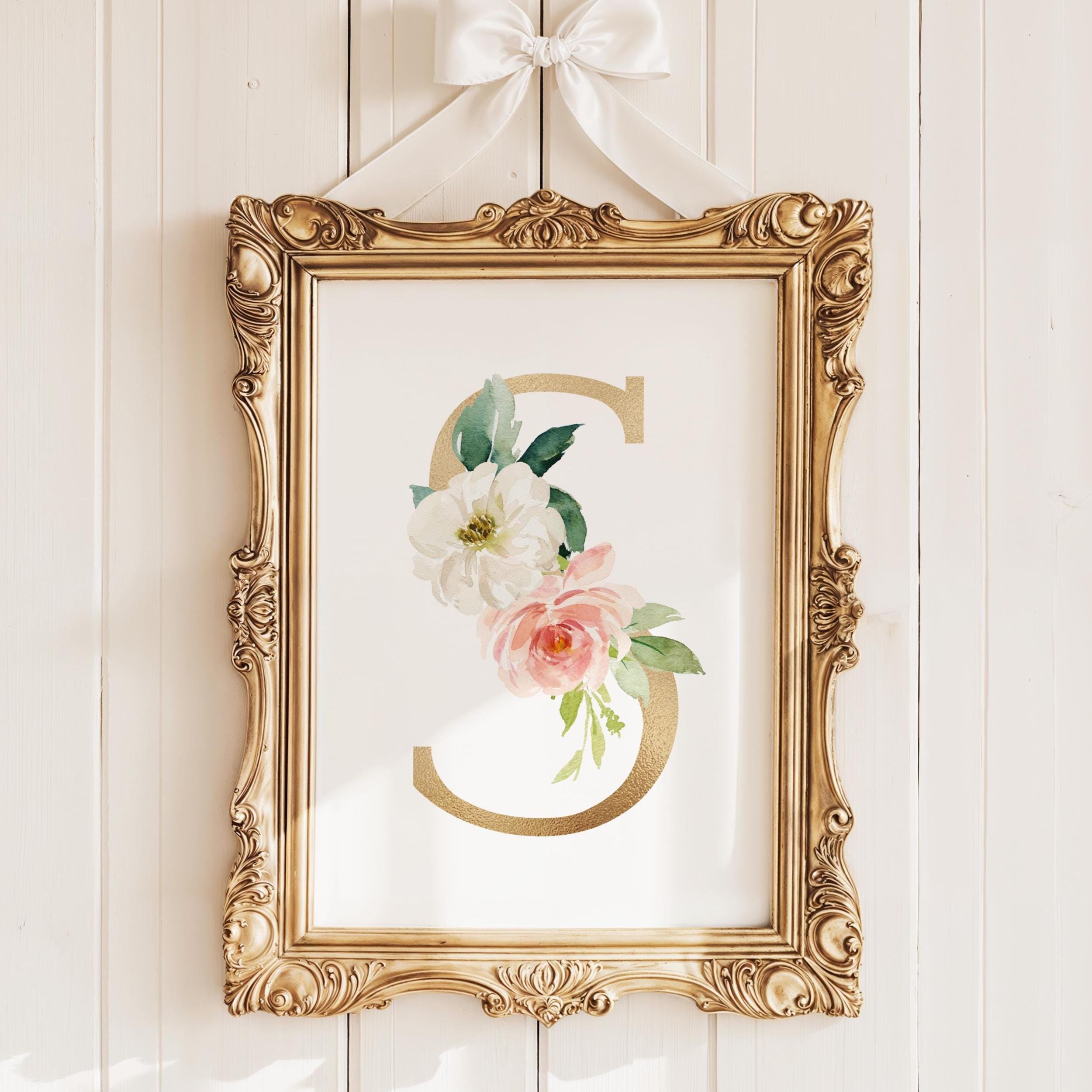 Pink Floral Gold Letter Print, Letter S, First Initial, Monogram Print ...