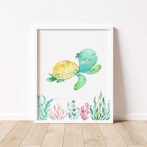 May include: A watercolor painting of a green sea turtle with a yellow and green shell swimming in the ocean. The turtle is surrounded by green seaweed and coral.