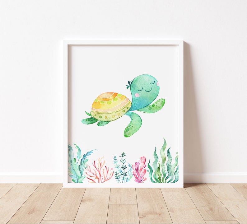 May include: A watercolor painting of a green sea turtle with a yellow and green shell swimming in the ocean. The turtle is surrounded by green seaweed and coral.