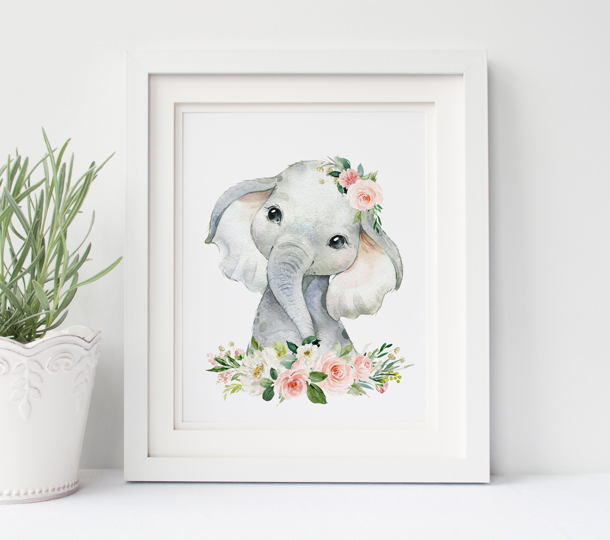 Watercolor Floral Safari Animal Baby Girl Nursery Wall Decor, Blush ...