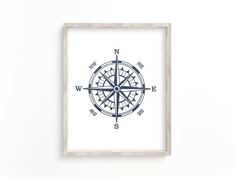 May include: A framed print of a nautical compass with a blue and white design. The compass points north, south, east, and west, with the cardinal directions labeled in a simple font.