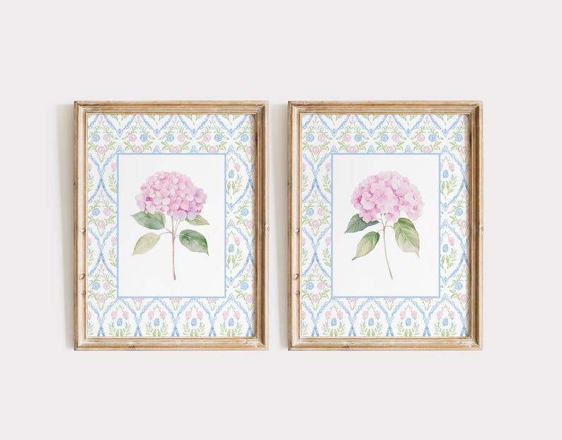 Set of 2 Pink Hydrangea Prints, Chinoiserie Wall Art, Hydrangea Print ...