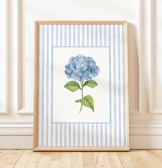 Blaue Hortensie Druck, Chinoiserie Wandkunst, Hortensie Druck, großartige jahrtausendalte Kunst, Hortensie Malerei, botanische Kunst, Schlafzimmer Wanddekor,