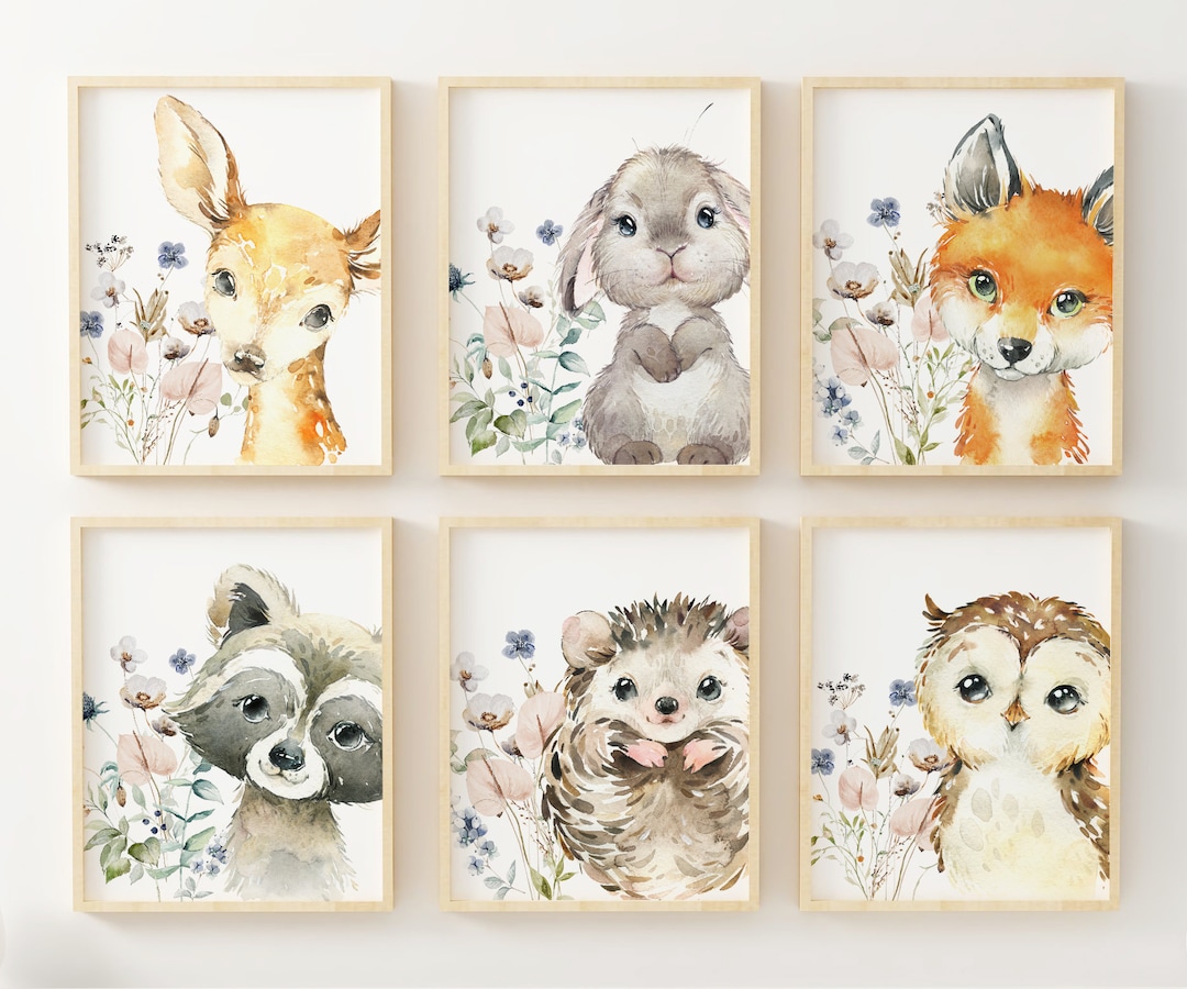 6 Woodland Animal Nursery Prints, Wildflowers, Girl Nursery Forest ...