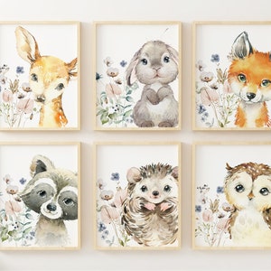 6 Woodland Animal Nursery Prints, Wildflowers, Girl Nursery Forest Animals, Deer Owl Raccoon Fox Bunny, Nursery Decor, Baby Shower Gift,
