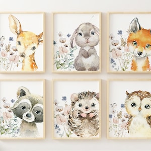6 Woodland Animal Nursery Stampe, Fiori selvatici, Girl Nursery Forest Animals, Deer Owl Raccoon Fox Bunny, Nursery Decor, Baby Shower Gift,