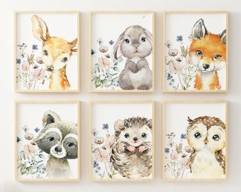 6 Woodland Animal Nursery Prints, Wildflowers, Girl Nursery Forest Animals, Deer Owl Raccoon Fox Bunny, Nursery Decor, Baby Shower Gift,