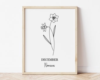 Black and White Birth Flower Prints, Botanical Prints, Birth Month Flowers, Living Room Decor, Minimal Decor, Home Decor Gift, Modern Art,