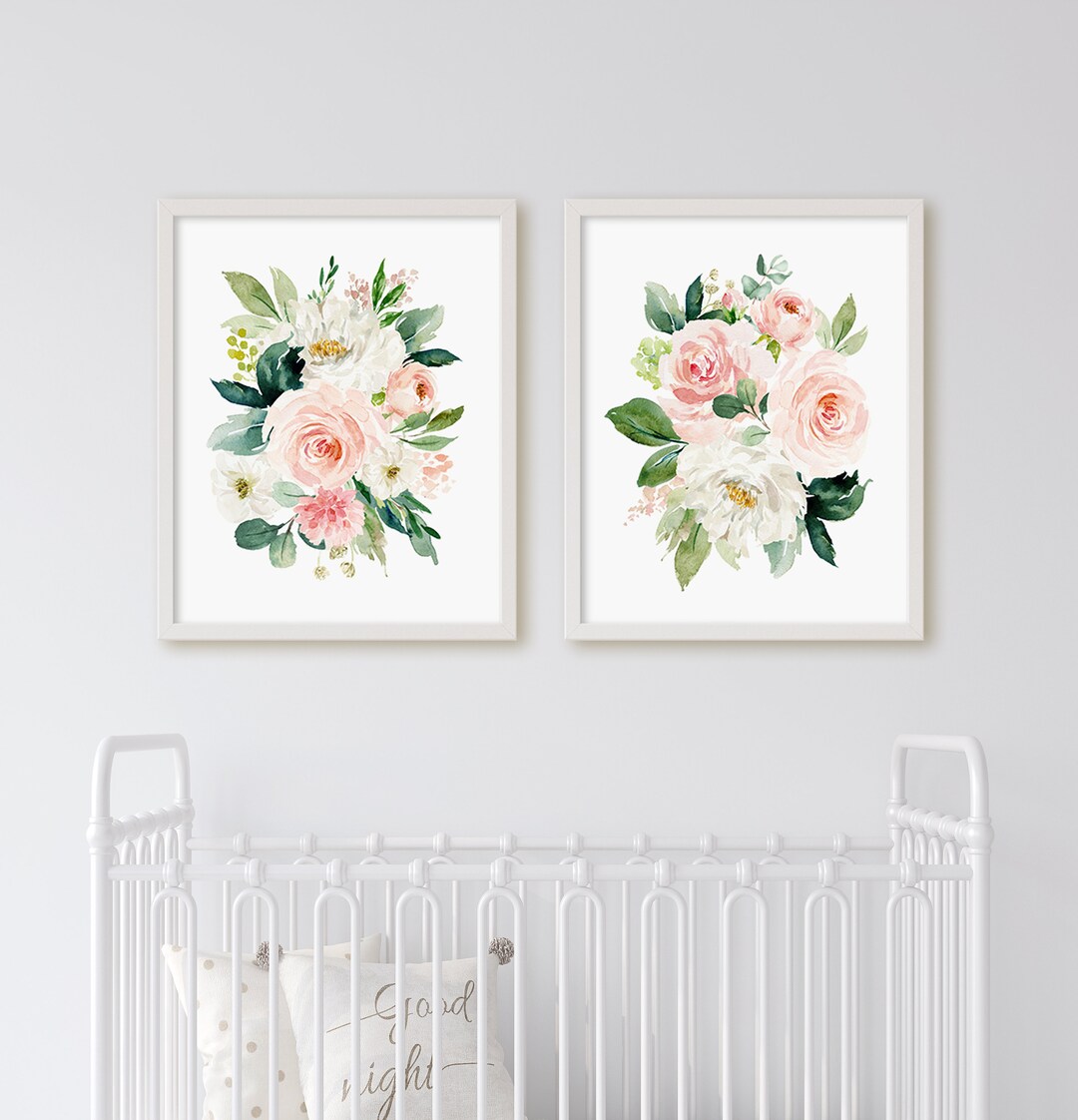 Set of 2 Girl Nursery Pink Watercolor Floral Bouquets, Watercolor ...