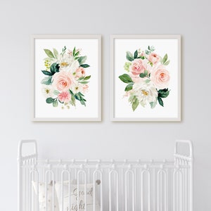 Ensemble de 2 Girl Nursery Pink Watercolor Floral Bouquets, Aquarell Floral Wall Art, Pink Floral Prints, Floral Nursery Art, Digital Download,