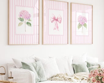 Set of 3 Pink Hydrangea Prints, Pink Stripes, Chinoiserie Wall Art, Pink Bow Print, Grand Millennial Art, Hydrangea Painting, Botanical Art