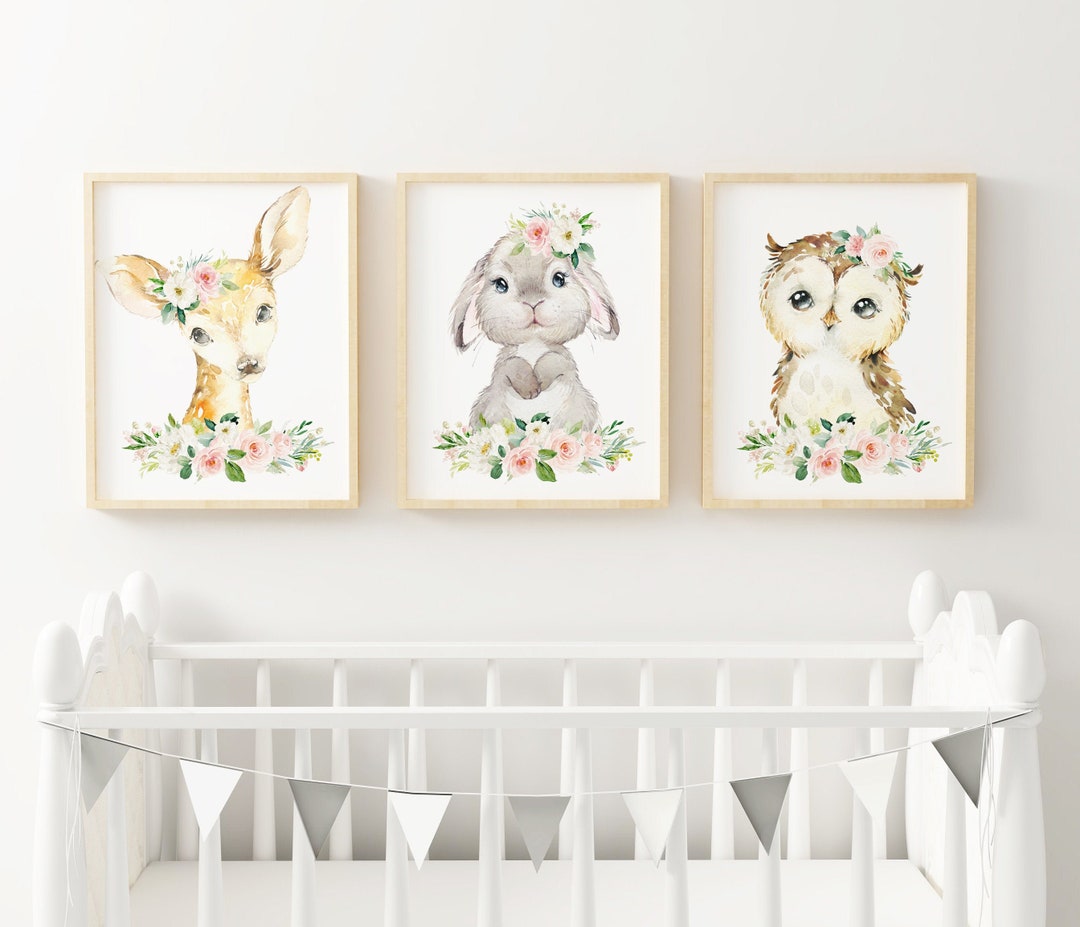 Floral Woodland Animal Prints, Baby Girl Nursery Wall Art, Girls Room ...