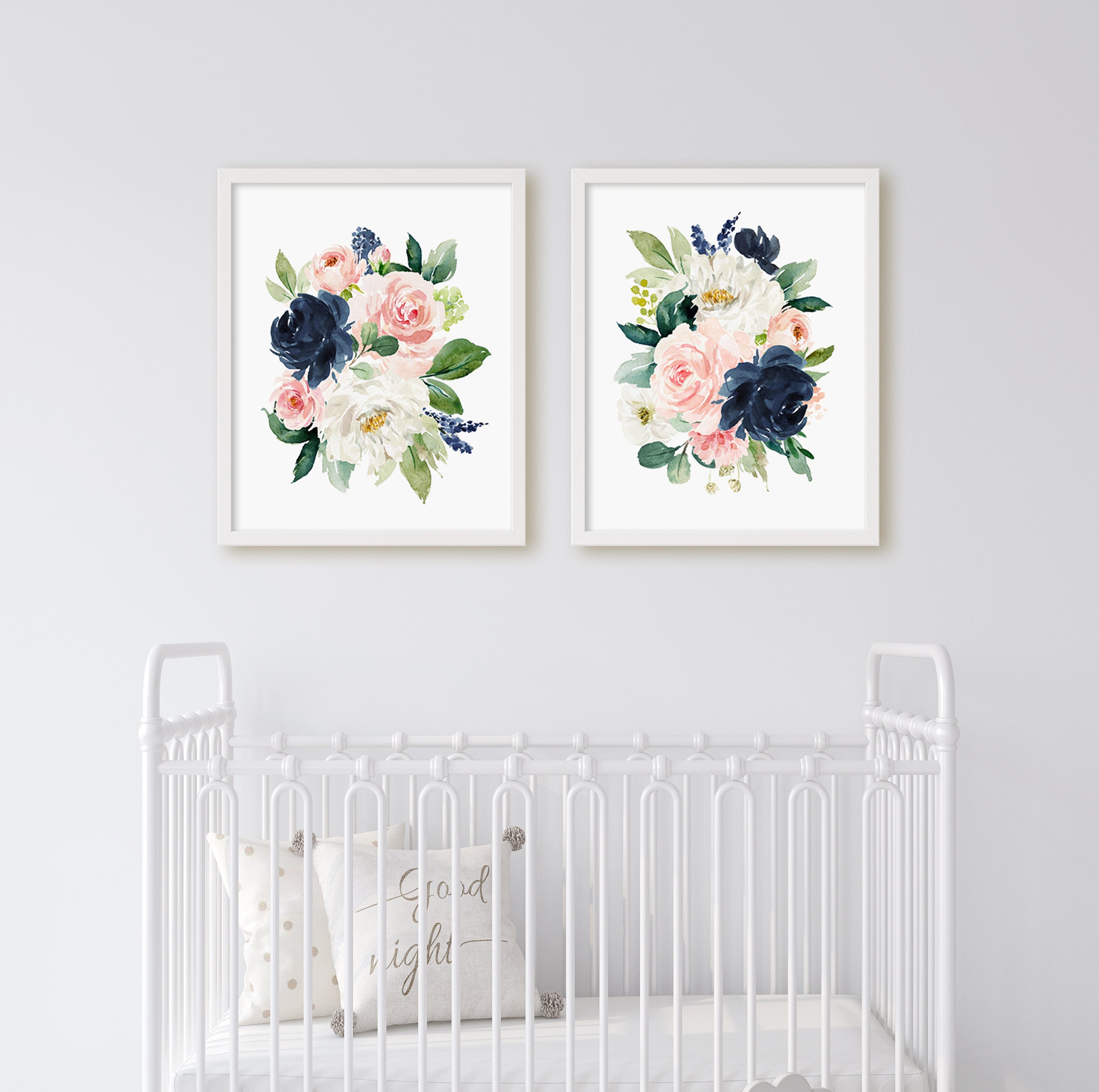 Pink Navy Watercolor Floral Nursery Art, Pink Flowers, Nursery Wall ...