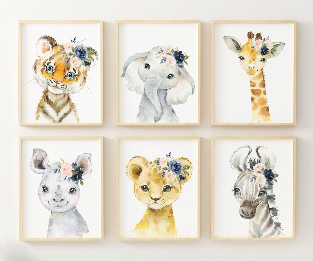 Blush Pink Navy Floral Safari Animal Prints, Nursery Wall Decor ...