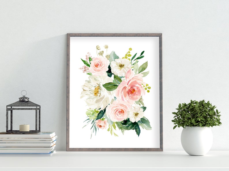 May include: A framed watercolor painting of a bouquet of pink and white flowers with green leaves. The flowers are arranged in a loose, natural style.