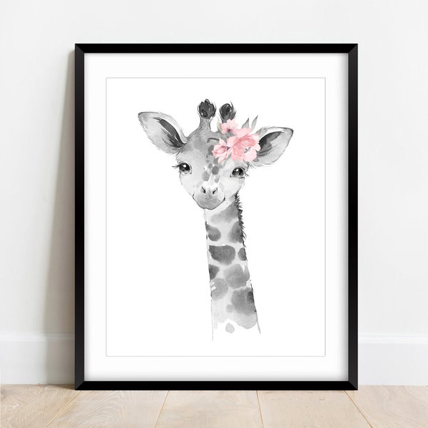 Black and White Safari Animal Nursery Prints, Pink Floral, Grey Pink Nursery, Nursery Wall Decor, Jungle Animals, Baby Shower Gift, Giraffe,