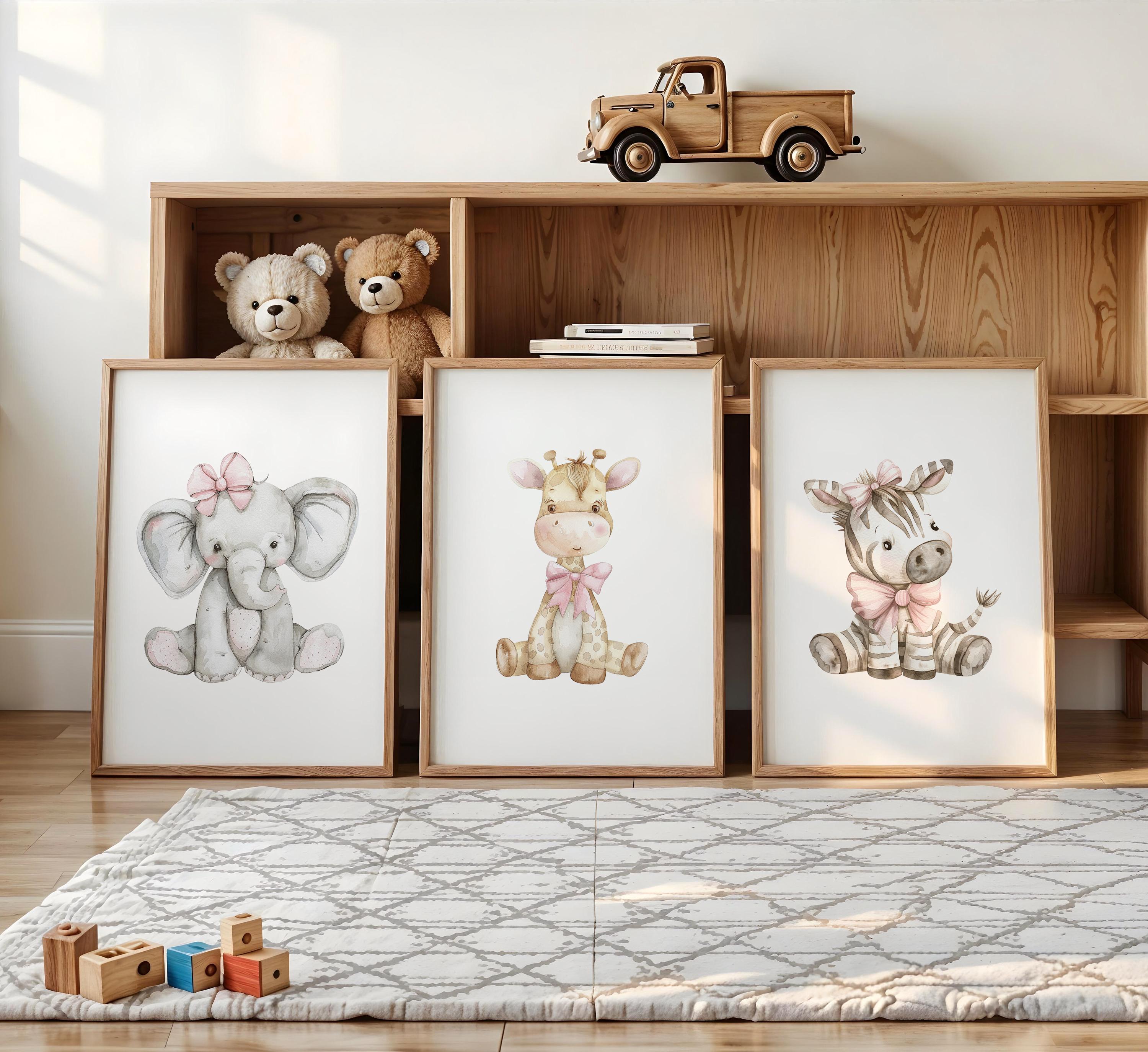 Set of 3 Safari Animal Prints, Girl Nursery Animal Wall Art, Cute ...