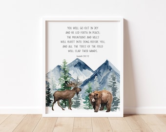 Kid's Bible Verse Woodland Nursery Prints, Isaiah 55:12, Mountains Trees, Christian Nursery Gift, Boy Wall Art, Nursery Decor, Scripture,