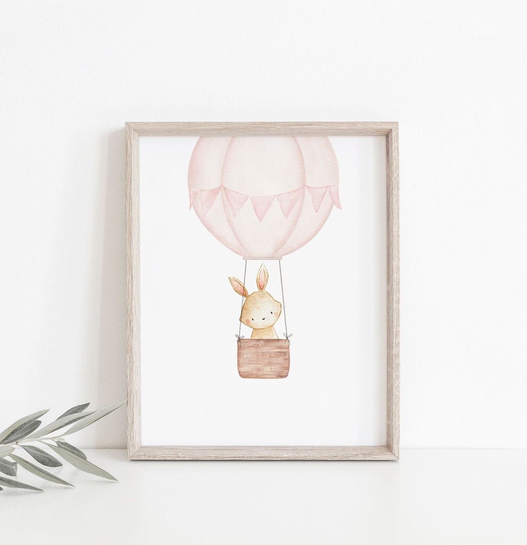 Blush Pink Hot Air Balloon Nursery Print, Bunny Print, Nursery Wall Art ...
