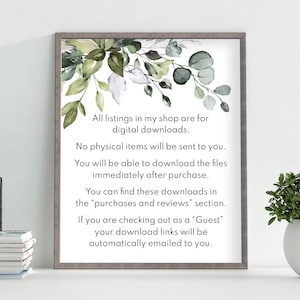 May include: A framed print with a watercolor floral design in shades of green and white. The frame is a light brown color. Text on the print states that all listings are digital downloads and no physical items will be sent.