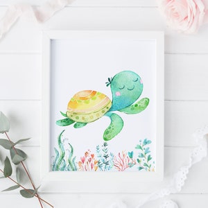 May include: A watercolour painting of a green sea turtle with a yellow and orange shell swimming in the ocean. The turtle has a happy expression and is surrounded by coral and seaweed.