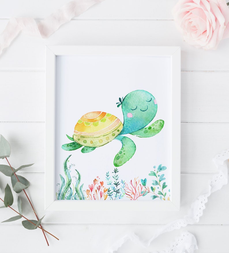 May include: A watercolour painting of a green sea turtle with a yellow and orange shell swimming in the ocean. The turtle has a happy expression and is surrounded by coral and seaweed.