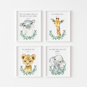 Set of 4 Spanish Kid's Bible Verse Prints, Safari Animal Prints, Christian Wall Decor, Baby Nursery Wall Art, Nursery Animal Print, Elephant