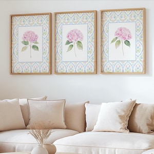 Set of 3 Pink Hydrangea Prints, Chinoiserie Wall Art, Hydrangea Print, Grandmillennial Art, Hydrangea Painting, Botanical Art, Blue Damask,