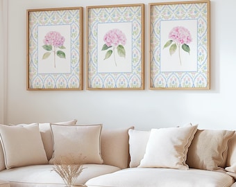 Set of 3 Pink Hydrangea Prints, Chinoiserie Wall Art, Hydrangea Print, Grandmillennial Art, Hydrangea Painting, Botanical Art, Blue Damask,