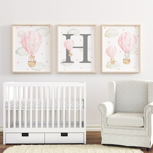 Impresión inicial primera personalizada, carta de monograma, impresiones de globo de aire caliente rosa, vivero de la niña, decoración de la pared de la guardería, regalo del bebé, ducha del bebé,
