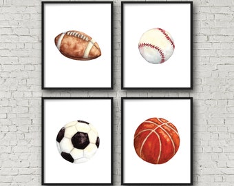 Set of 4 Sport Prints, Football Baseball Basketball Soccer, Printable Sports Art, Boys Room Decor, Teenage Boys Wall Art, Playroom Wall Art,