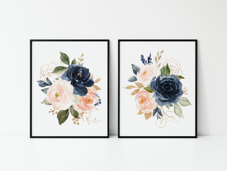 Set of 2 Pink Navy Floral Prints Floral Nursery Wall Art Etsy