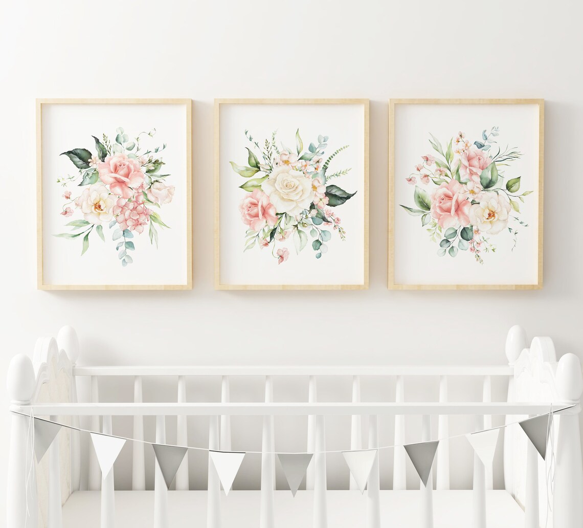 Set of 3 Pink Floral Prints, Floral Nursery Wall Art, Girl Nursery ...