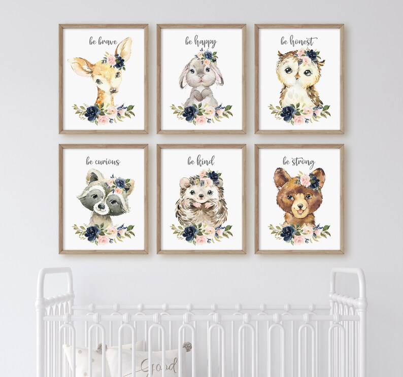 Woodland Animal Prints, Blush Navy Floral Nursery, Baby Girl Nursery ...