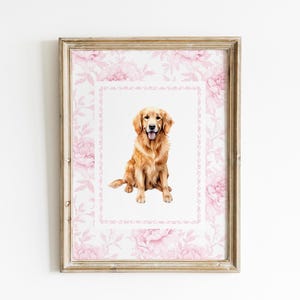 Golden Retriever Nursery Print, Dog Girl Nursery Art, Pink Chinoiserie Nursery Decor, Coquette Art, Puppy Nursery Print, Grandmillenial,